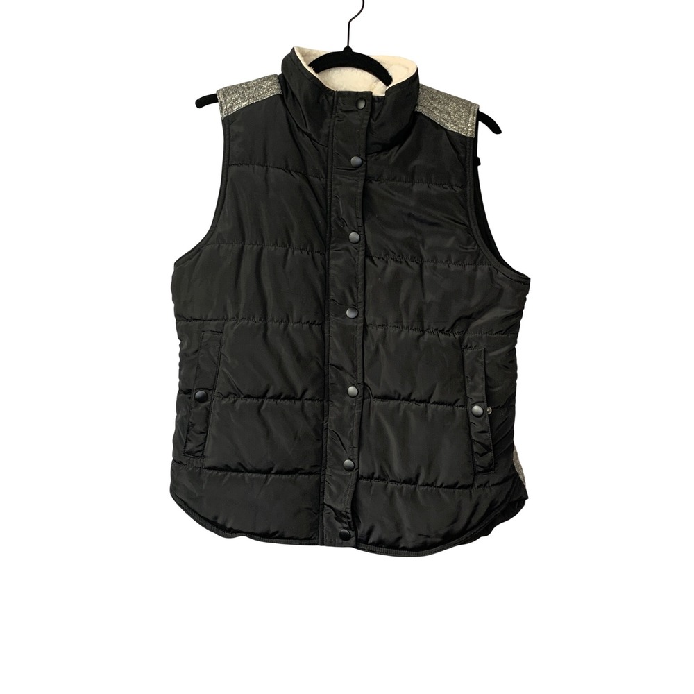 Skies Are BLUE Womens Puffer Vest‎ Black Tweed Trim Quilted Full Zip Size M
